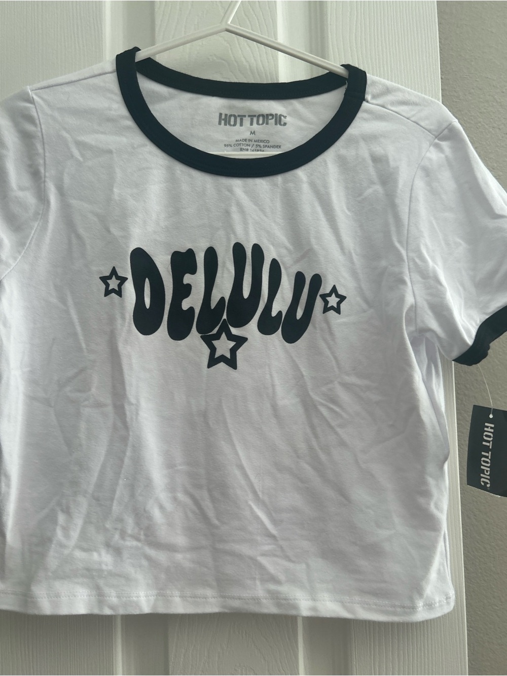Hot Topic White & Black Ringer Tee with DELULU Star Graphic